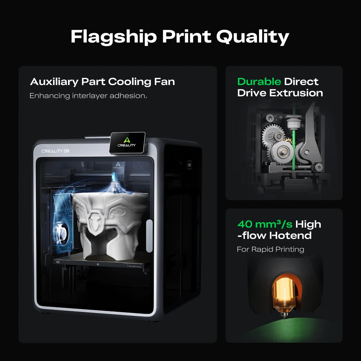 Creality K2 Combo cu extruder Direct Drive, răcire auxiliară și hotend High-Flow de 40 mm³/s