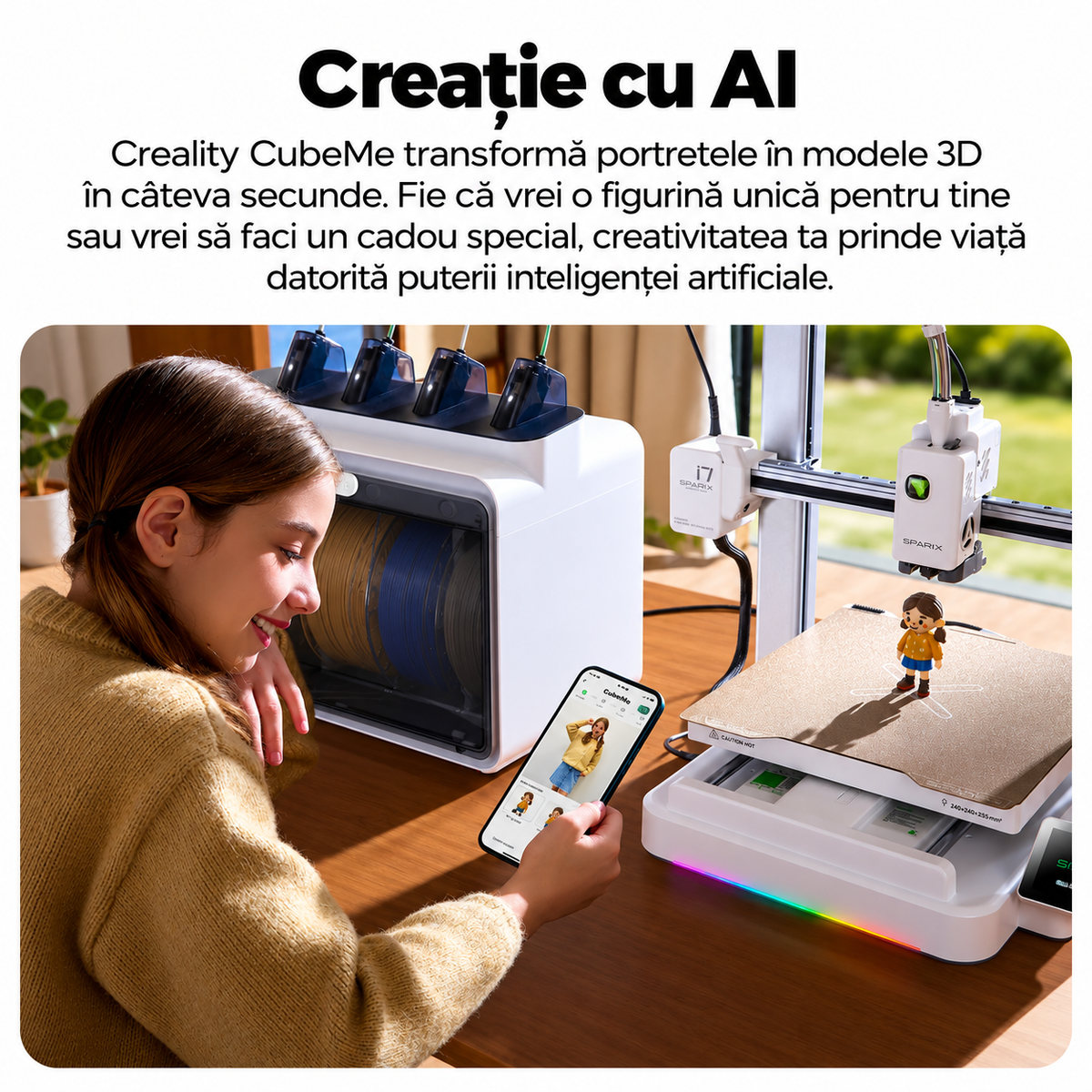 Creality SPARKX i7 imprimantă 3D cu CubeMe AI pentru crearea figurinelor 3D personalizate