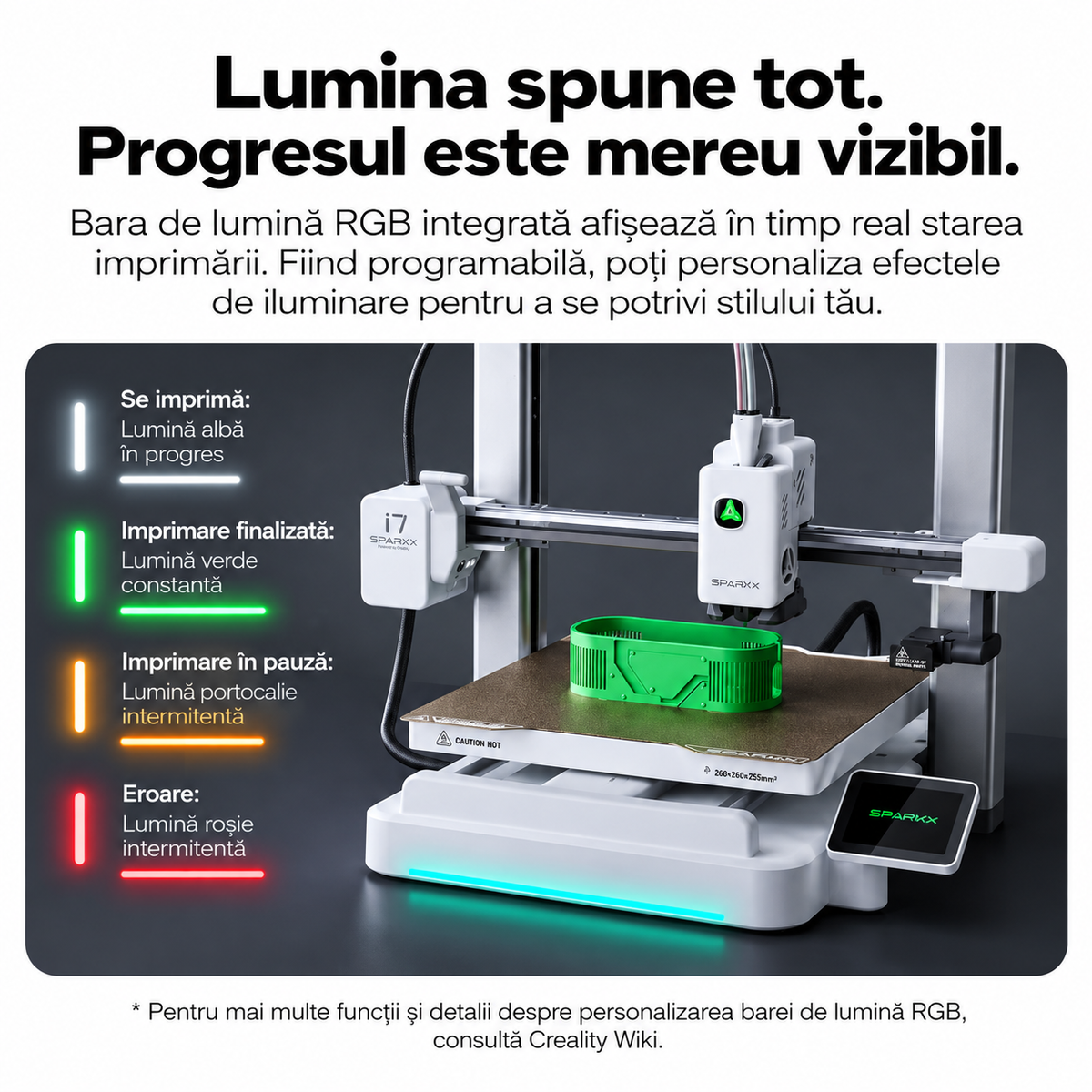Creality SPARKX i7 cu bară RGB programabilă pentru afișarea în timp real a stării imprimării 3D