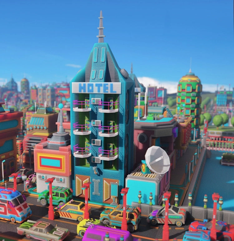 Oraș miniatural multicolor cu hotel, clădiri și mașini, prezentat ca exemplu de proiect creat prin imprimare 3D.