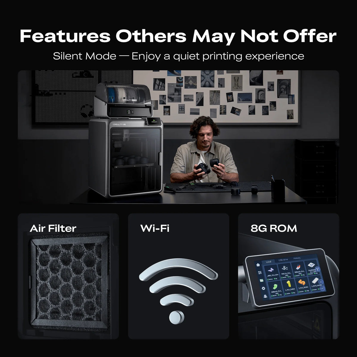 Funcțiile imprimantei 3D Creality K2 Plus Combo: mod silențios, filtru de aer, conexiune Wi-Fi și memorie internă de 8 GB.